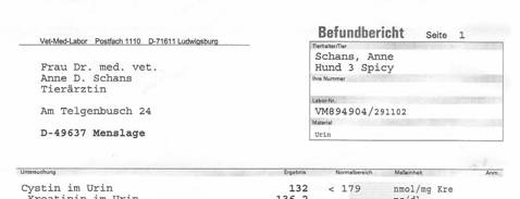 Cystin Testresults of Rufus Ms Hurricane: 132 nmol/ mg Kre