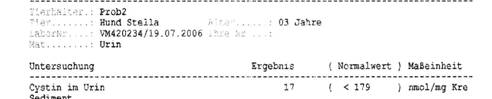 Cystin testresults of Rufus Ray of Light: 17 nmol/mg Kre